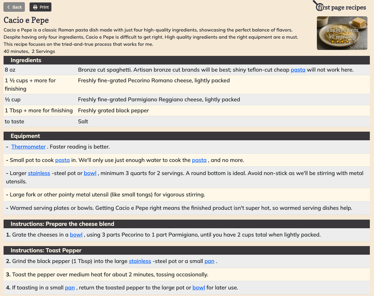 First Page Recipes website